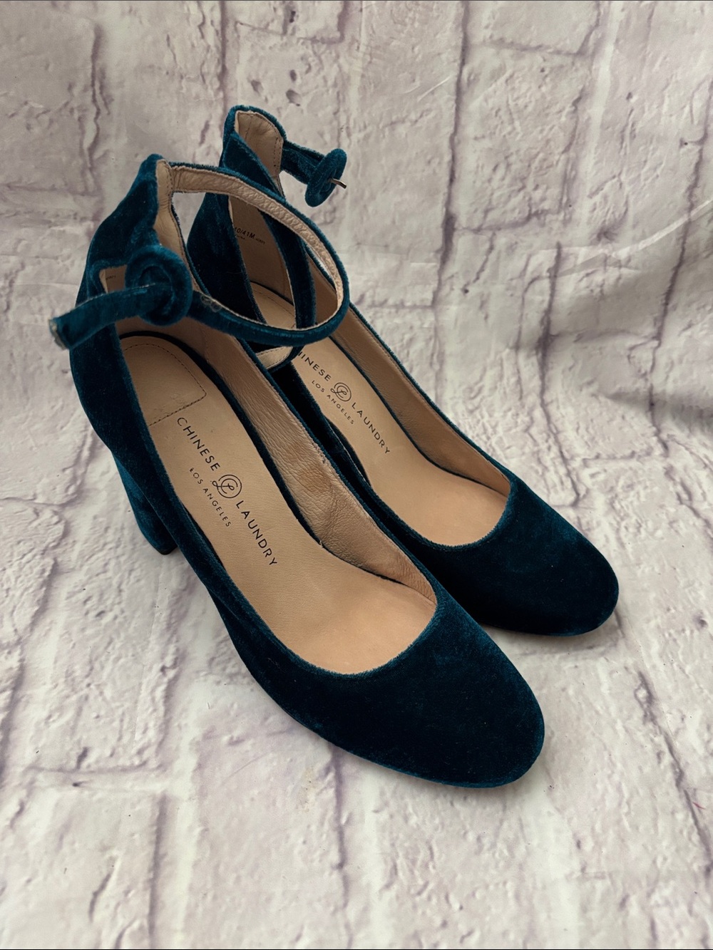 🔵”LIKE NEW” Chinese Laundry Dark Teal Velvet Ankle-Strap Block Heels